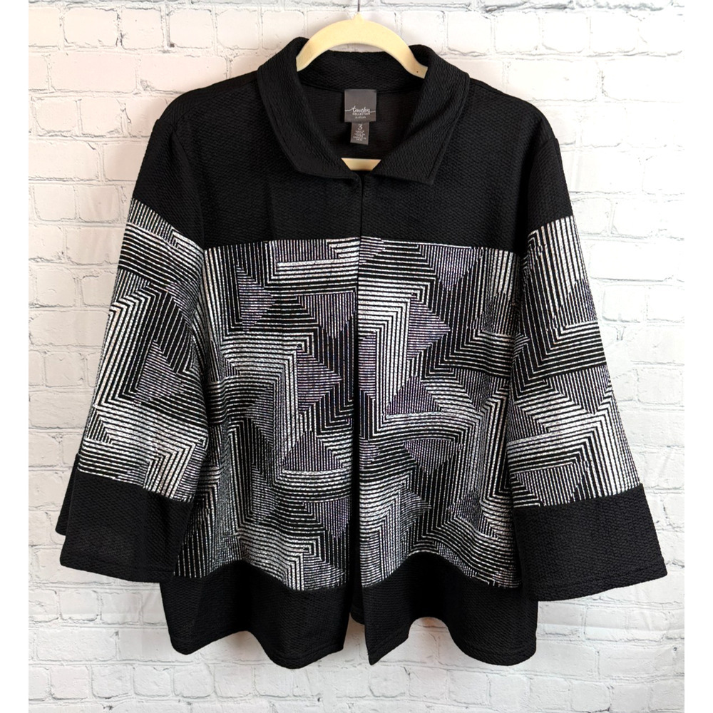 CHICO'S TRAVELERS black silver collared swing geometric cardigan blazer size XL